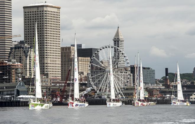Clipper Race fleet in Parade of Sail by Seattle Waterfront © Marina Thomas